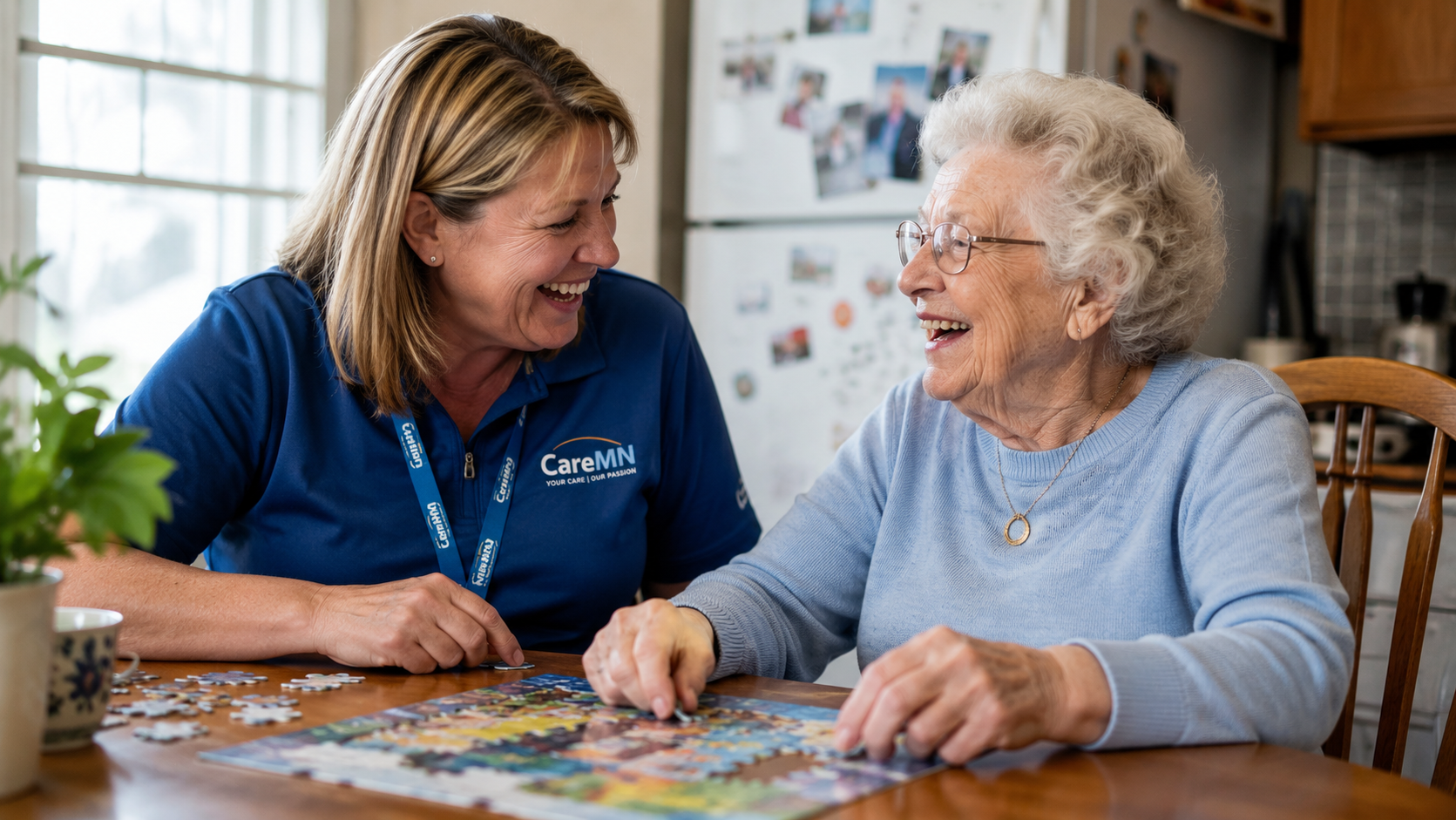 CareMN caregiver doing puzzle with client