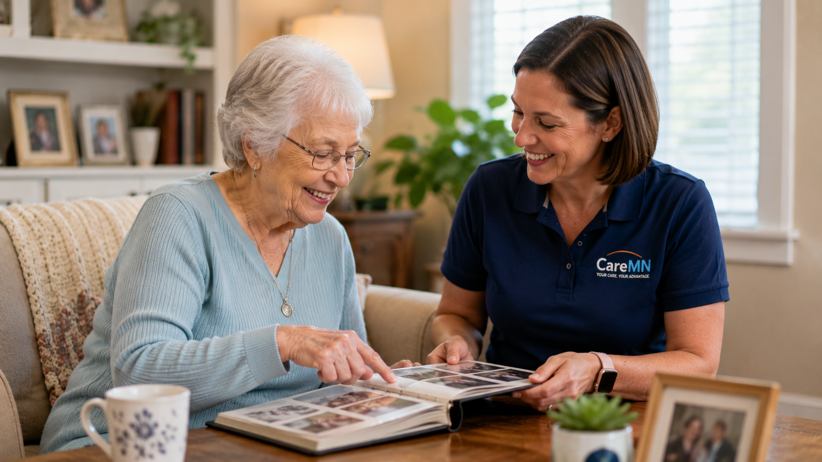 CareMN caregiver looking at photo album with client